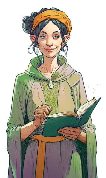 Old woman holding a book. She is a half elf.